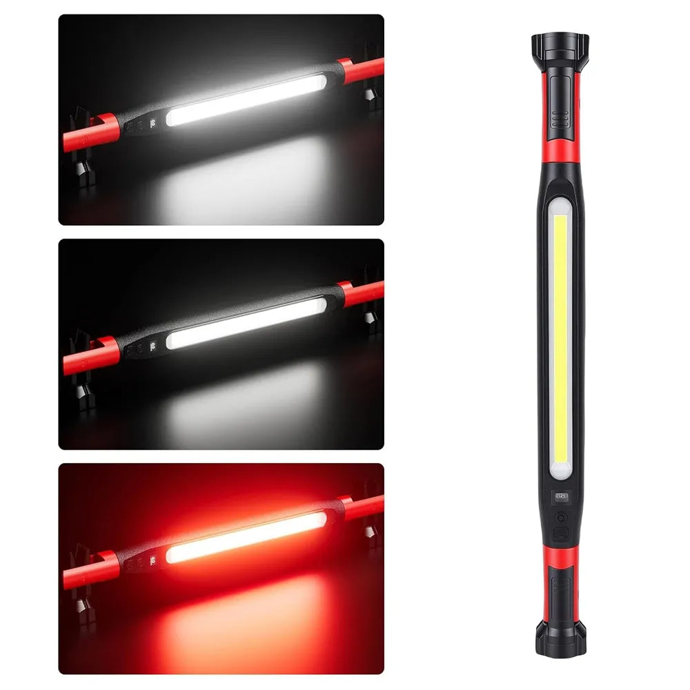 A compact LED work light shown on a white background, with three inset panels demonstrating its light output in white and red modes. The light has a black body with red accents and a central illuminated panel.