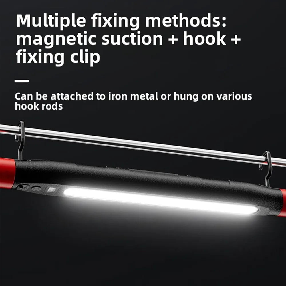 A black LED hanging light bar with red end caps and metal mounting clips, shown attached to a silver rod against a black background with white explanatory text about mounting methods.
