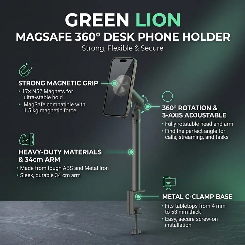 Green Lion Mag Desk Phone Holder 17 N52 Magnets 360 Rotation C-Clamp Mount Black-4
