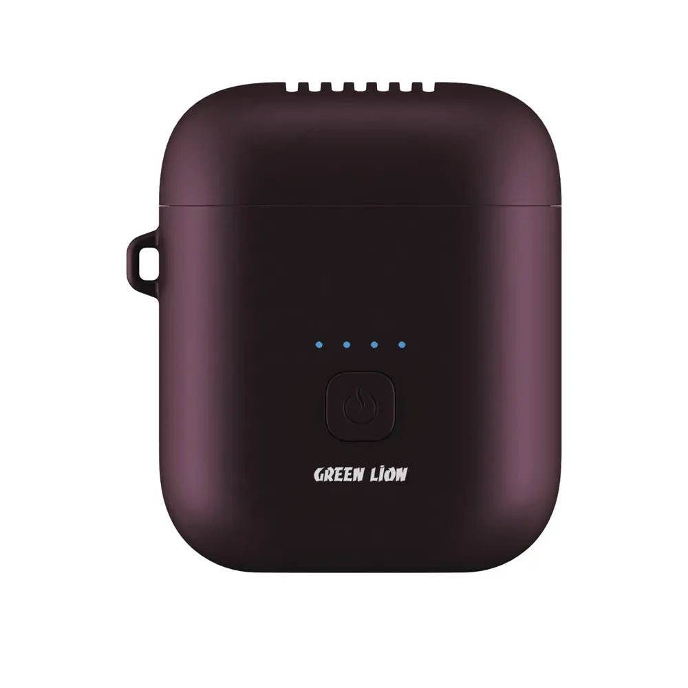 A dark purple wireless earbud charging case with a matte finish, featuring a hanging loop on the left, a power button with blue LED indicators, and the 'GREEN LION' brand name printed in white at the bottom.