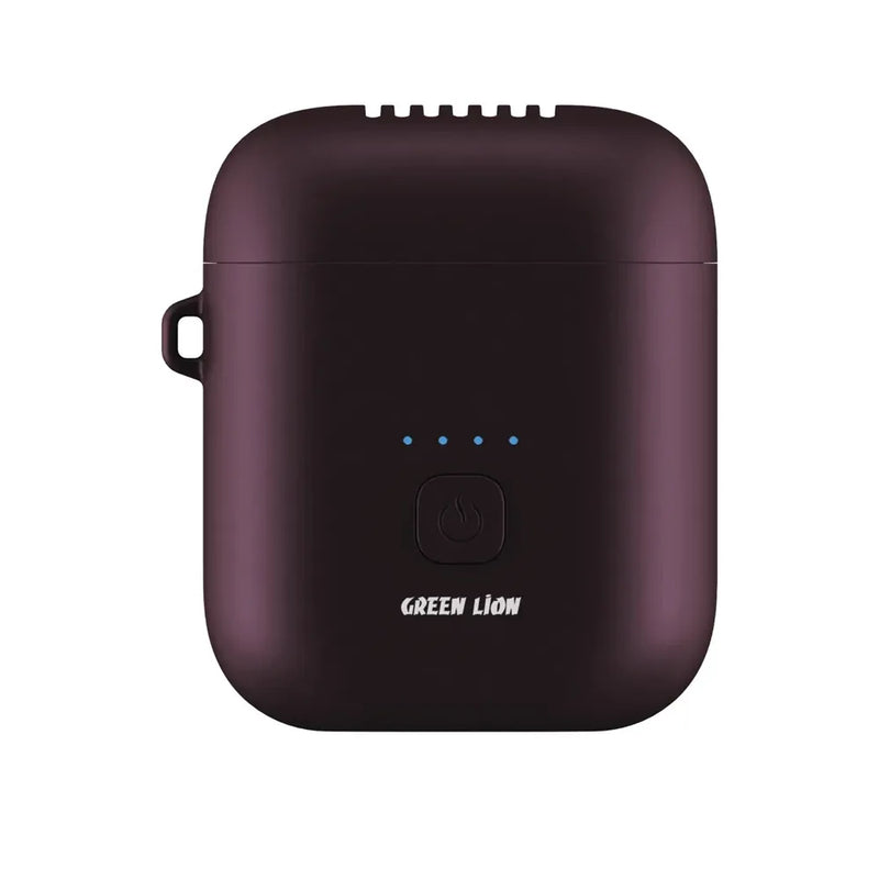 A dark purple wireless earbud charging case with a matte finish, featuring a hanging loop on the left, a power button with blue LED indicators, and the 'GREEN LION' brand name printed in white at the bottom.