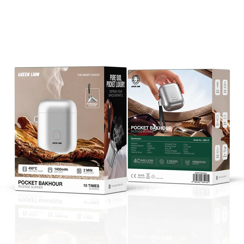 Green Lion Pocket Bakhour portable incense burner shown with its retail packaging, featuring a white cylindrical incense holder and detailed product box graphics.
