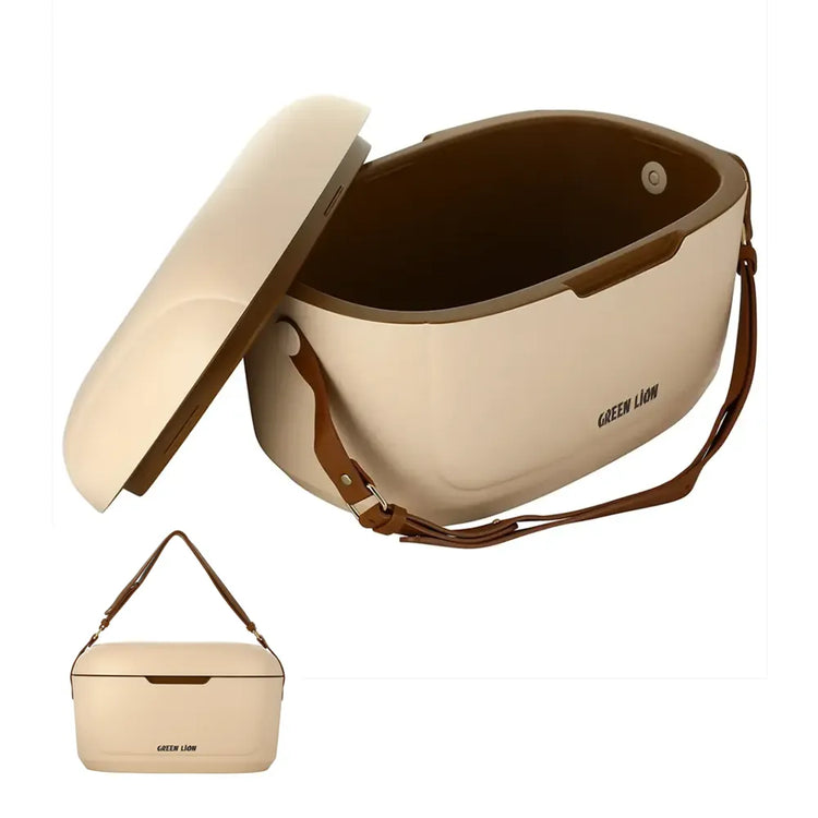 Cream-colored cooler bag with brown accents, shown open with its lid propped up and a smaller inset view of the closed bag below. The bag has a brown shoulder strap and the brand name 'GREEN LION' printed on the side.
