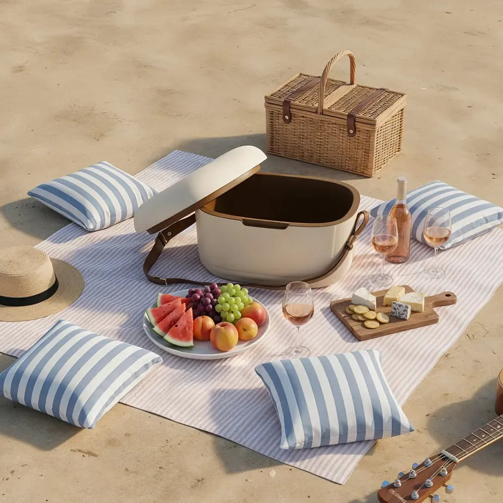 A styled picnic scene on a sandy beach or patio with a striped picnic blanket, blue-and-white pillows, a wicker picnic basket, a cream insulated cooler with the lid open, fruit, wine glasses, cheese on a cutting board, and part of a guitar visible. No person or animal is present, so this is Product/Packaging rather than Lifestyle.