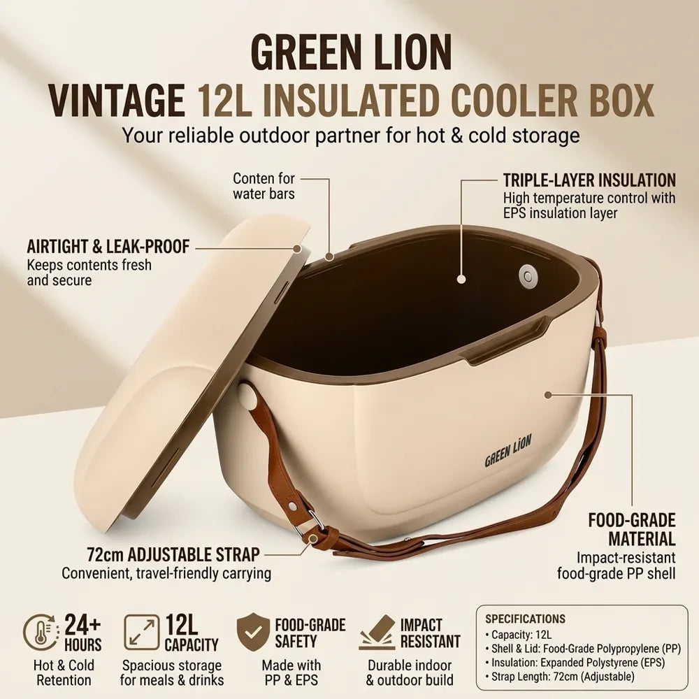 A promotional infographic for a Green Lion Vintage 12L Insulated Cooler Box. The image shows the cooler box with its lid open, displaying its cream-colored exterior, brown interior, and brown shoulder strap.