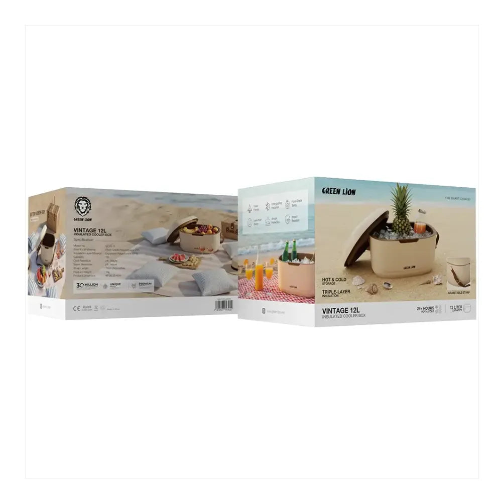 Two product boxes for a reusable drink bottle set from Green Lion, shown on a plain white background. The left box is labeled 'VINTAGE 12L' and shows the back of packaging with beach imagery.