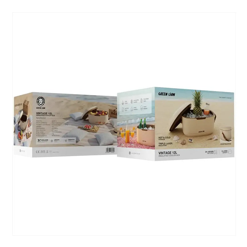 Two product boxes for a reusable drink bottle set from Green Lion, shown on a plain white background. The left box is labeled 'VINTAGE 12L' and shows the back of packaging with beach imagery.