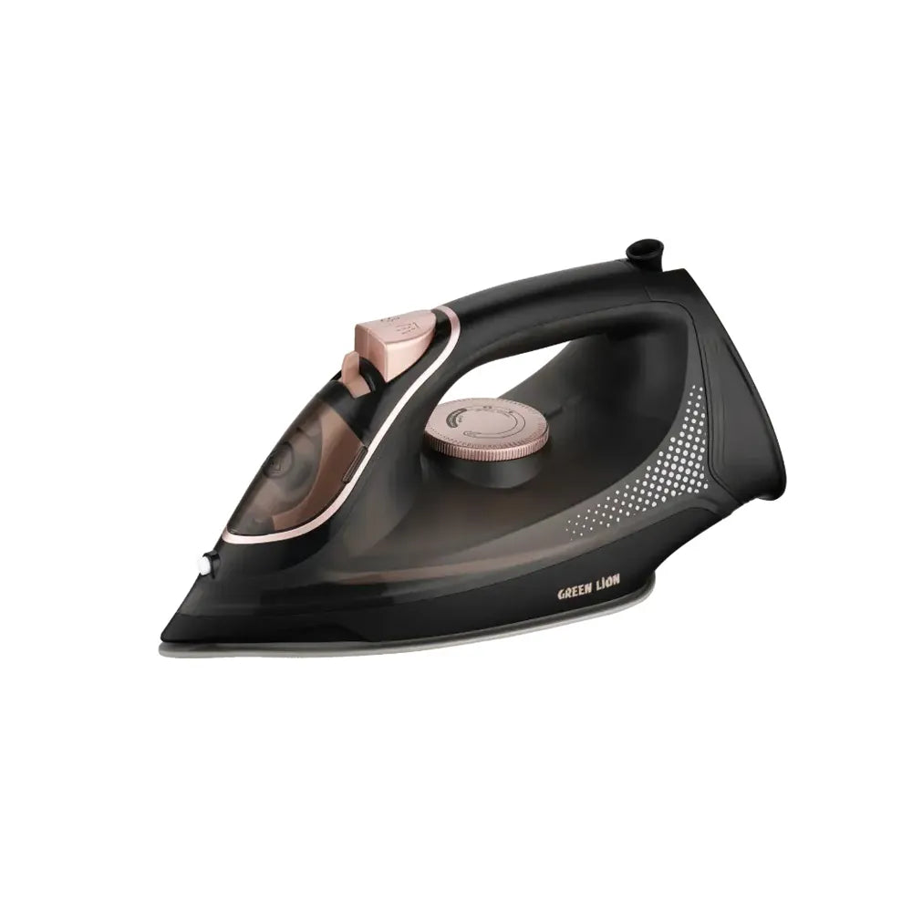 A modern Green Lion steam iron in black with rose gold accents, shown from a three-quarters angle on a plain white background.