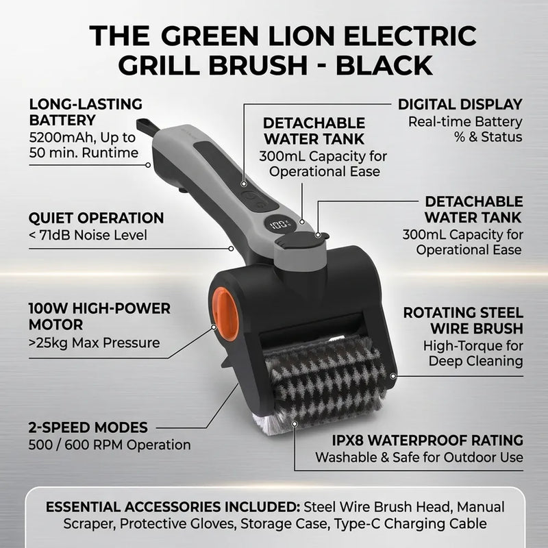 Green Lion Electric Grill Brush 100W 5200mAh 600RPM IPX8 Black-6