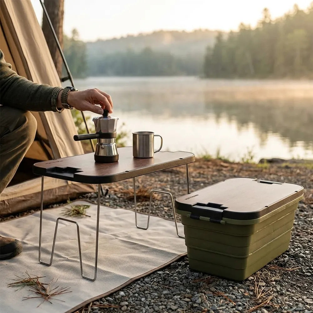 A camping setup by a lake at sunrise, with a person placing a small stainless steel moka pot on a folding table. A metal mug sits on the table, and a large olive green collapsible storage bin rests on the gravel beside it.