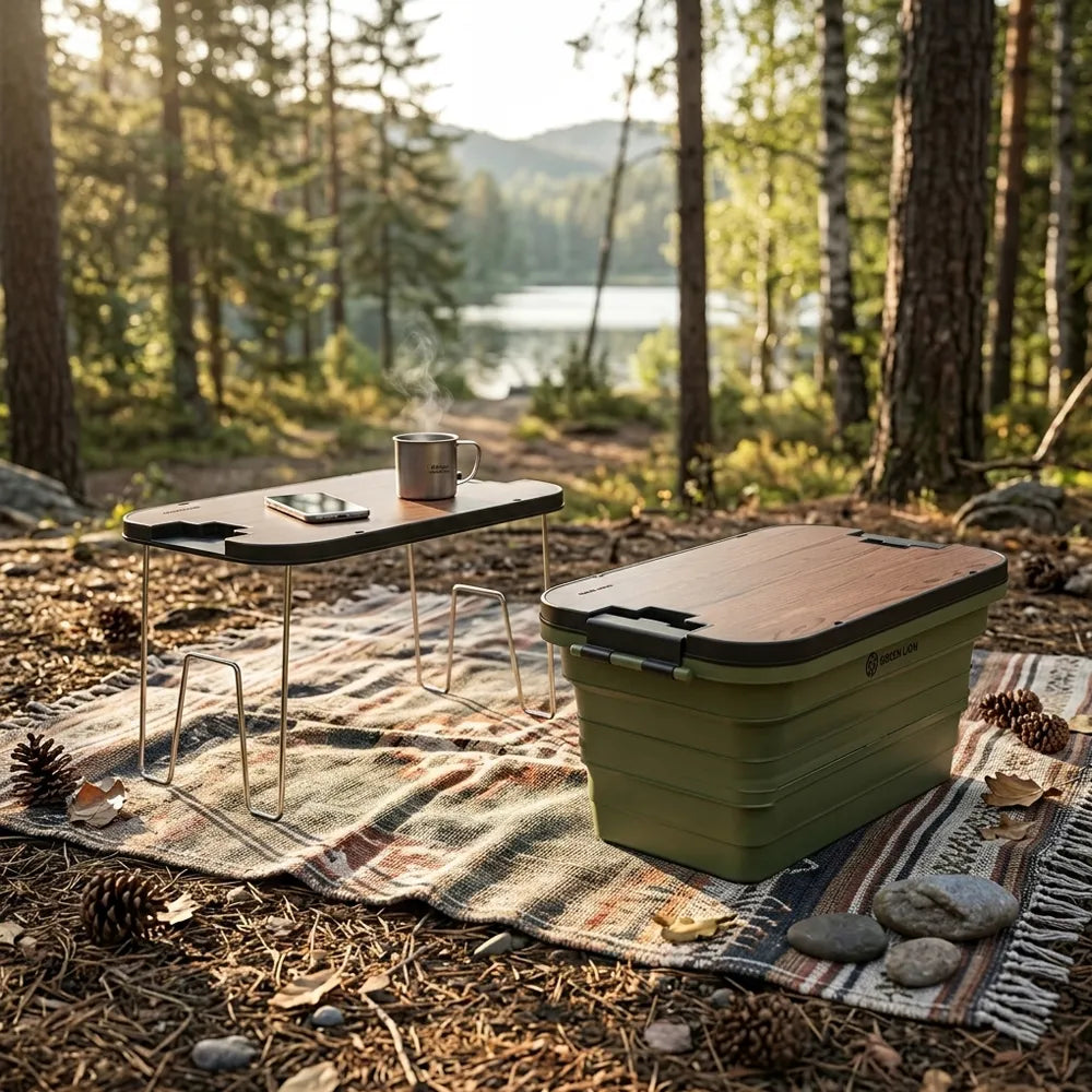 An olive green collapsible storage box with a brown lid sits on a patterned picnic blanket in a forest clearing, alongside a small folding table with a metal mug and phone. Trees, pinecones, and a lake are visible in the background.