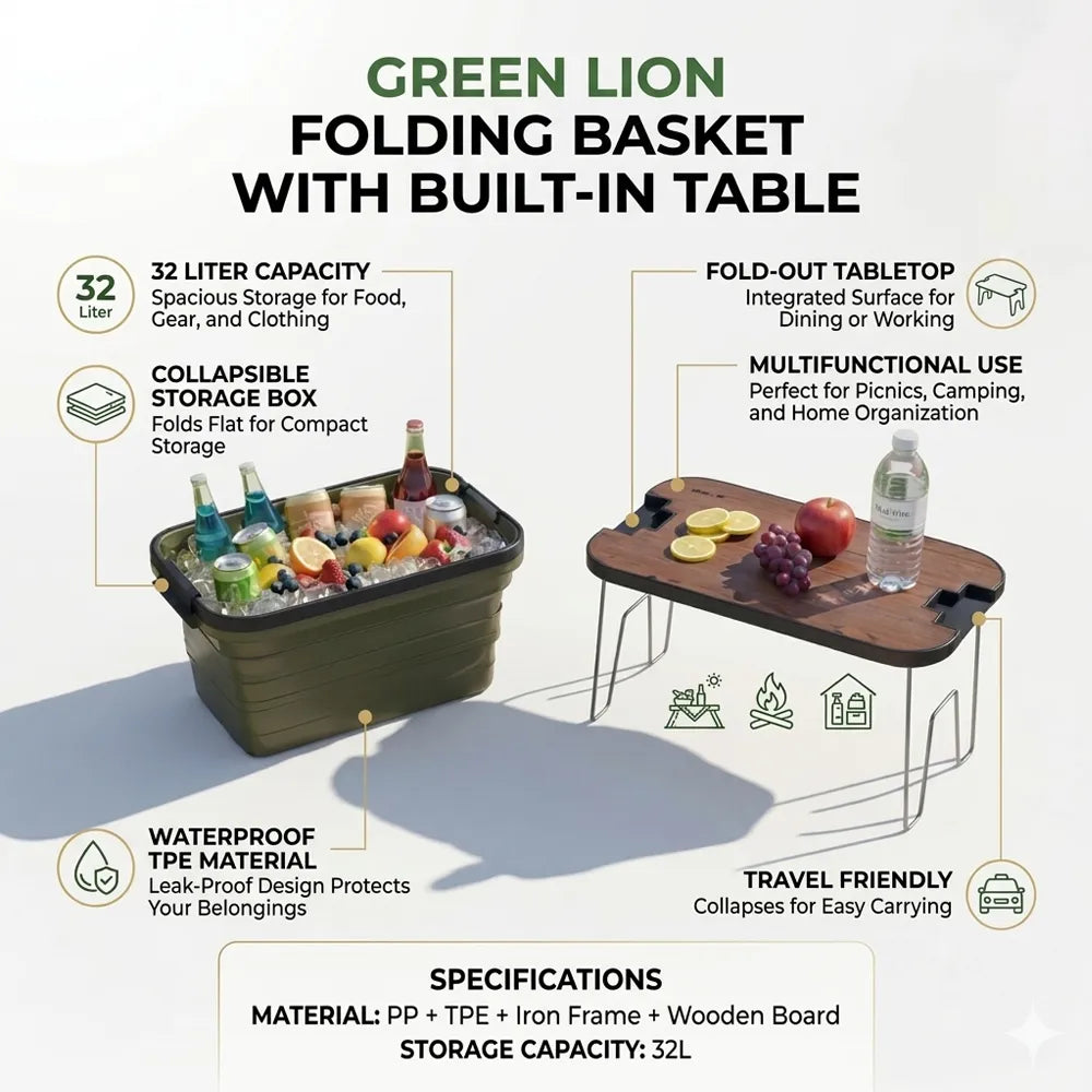 Green Lion folding basket with built-in table infographic showing product features, dimensions, and specifications on a white background.