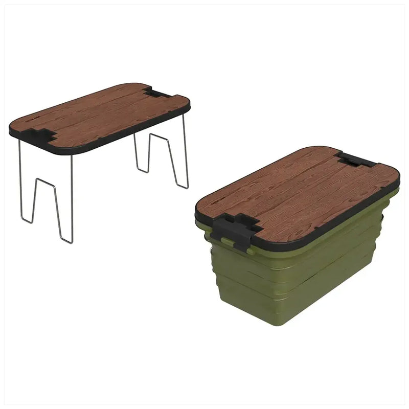 A foldable storage bin with a wooden-look lid and black latches, shown in two views on a plain white background: one open and one closed.