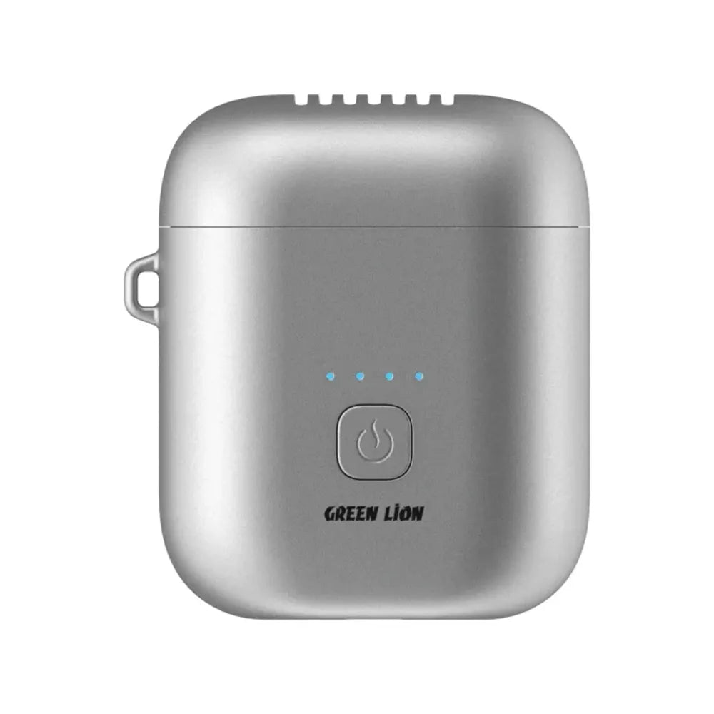 A silver metallic portable power bank with rounded corners, featuring a side loop, a power button with four blue LED indicators, and the brand name 'GREEN LION' printed below.