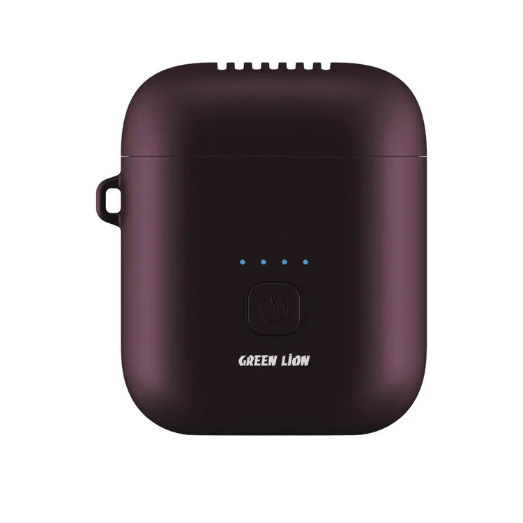 A dark purple wireless earbud charging case with a matte finish, featuring a hanging loop on the left, a power button with blue LED indicators, and the 'GREEN LION' brand name printed in white at the bottom.