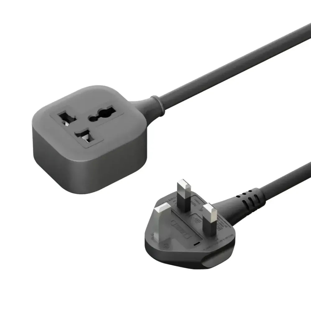 A dark gray UK three-pin wall plug adapter cable with a UK three-pin socket on one end and a UK three-pin plug on the other, shown on a plain white background.