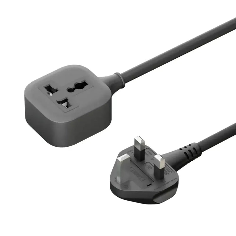 A dark gray UK three-pin wall plug adapter cable with a UK three-pin socket on one end and a UK three-pin plug on the other, shown on a plain white background.