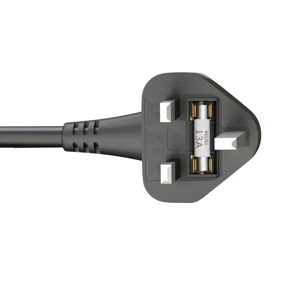 Close-up of a UK three-pin wall plug connector on a black power cord, showing the internal 13A fuse and socket details against a white background.