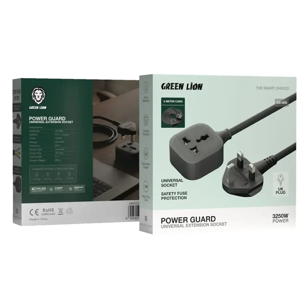 Green Lion Power Guard Universal Extension Socket product packaging shown from the front and back, featuring a 3250W power adapter and plug illustration on a clean white background.