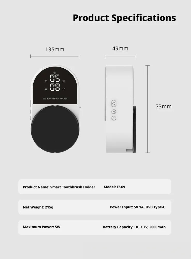 Wall-Mounted Electric Toothbrush Sterilizer Customizable Double Toothbrush UV Disinfection Box Air-Drying White USB Type-C