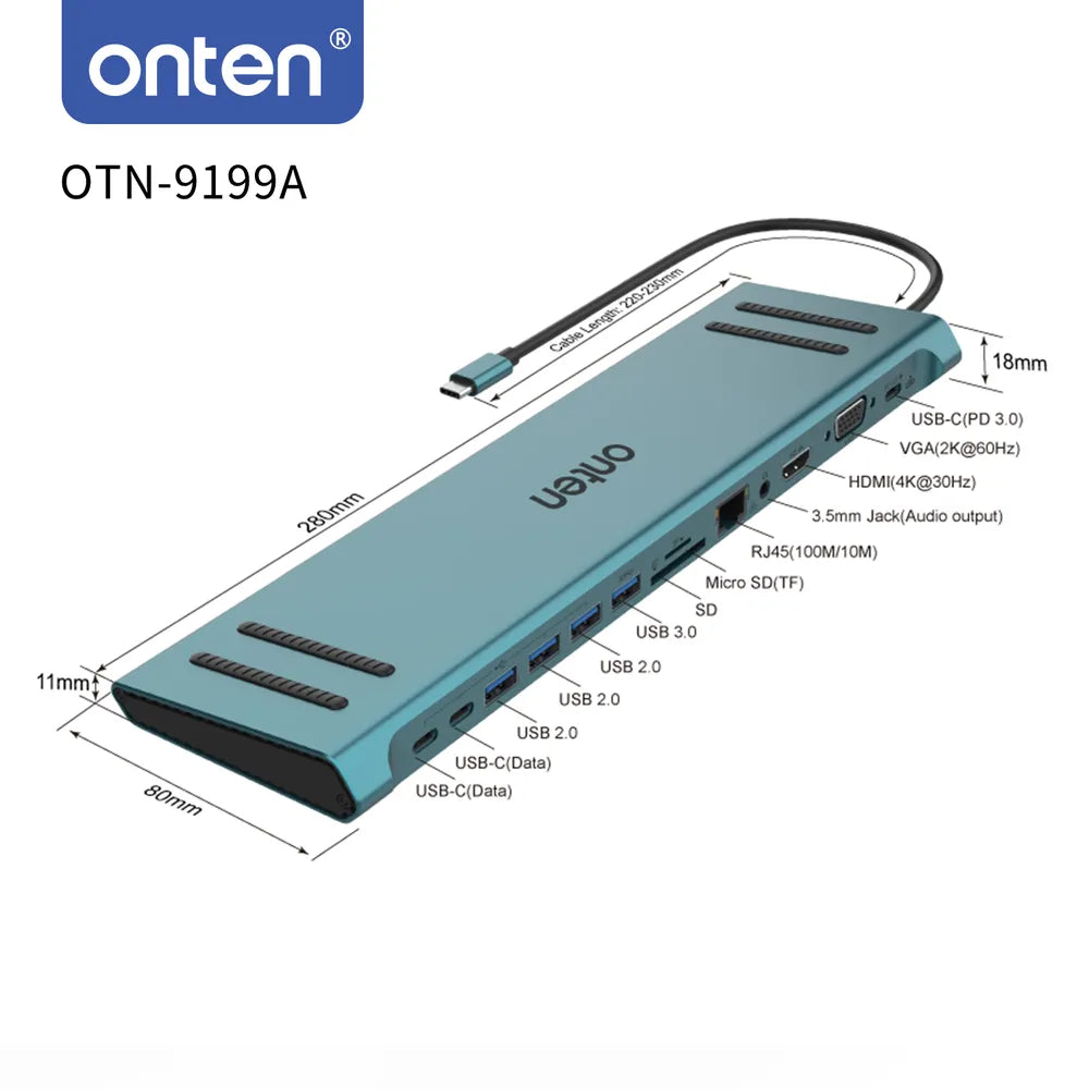 Onten 13-in-1 Docking Station Adapter with Multiport Connectivity - Gray