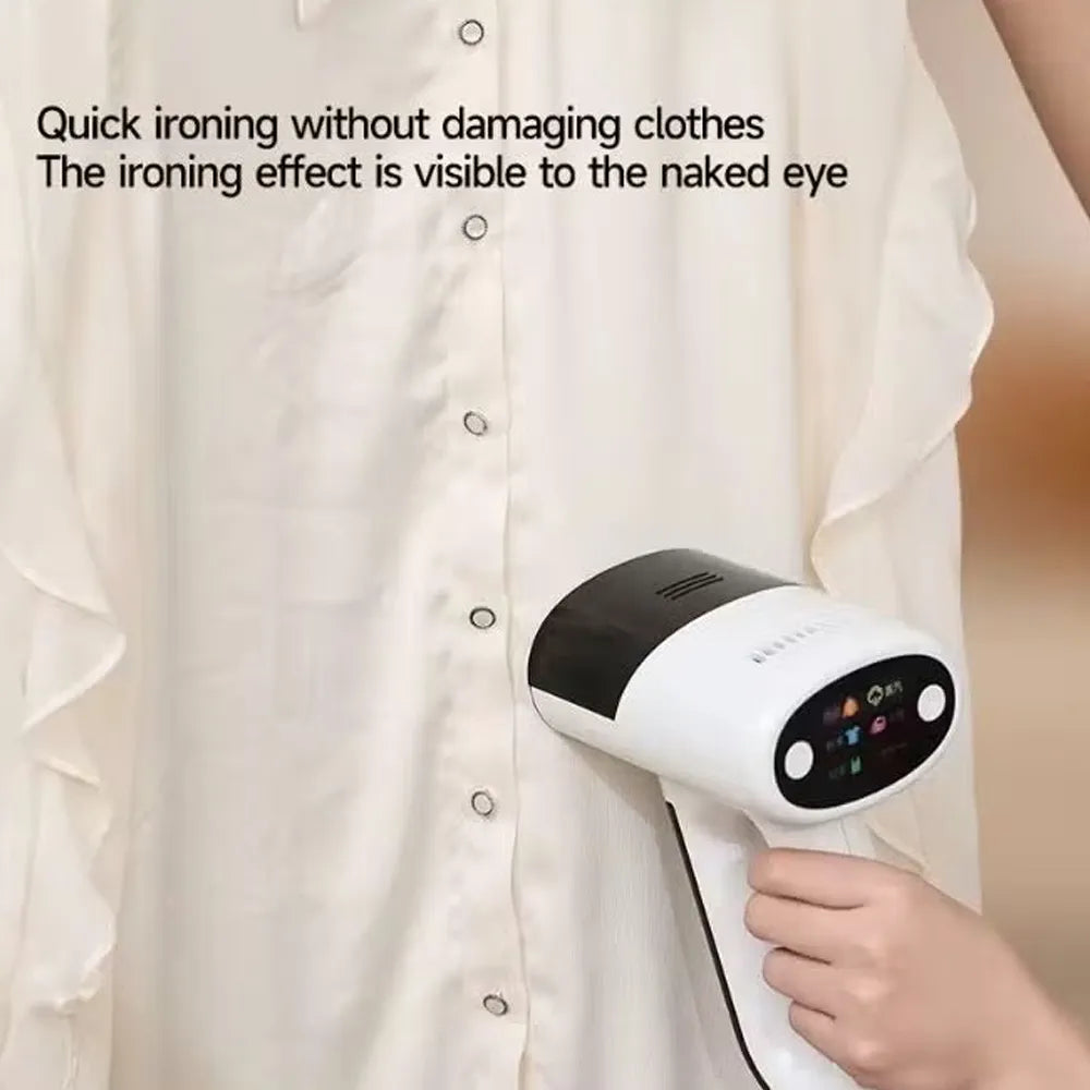 A handheld garment steamer being used on a white button-up shirt, with text overlay that reads 'Quick ironing without damaging clothes The ironing effect is visible to the naked eye'.