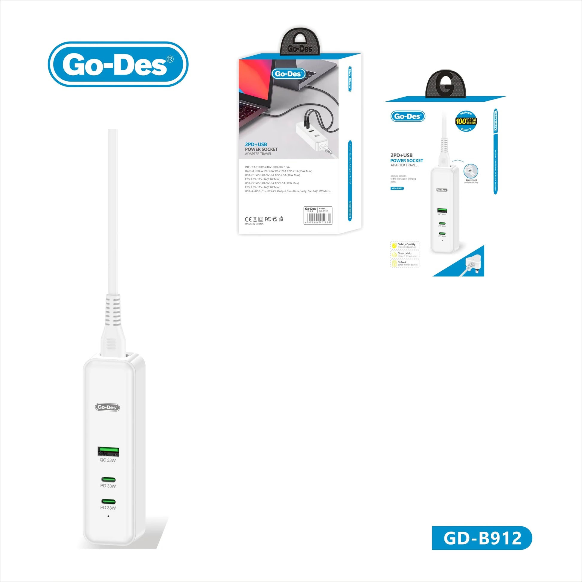 Go-Des 2PD USB Travel Charger Adapter 3 Port Fast Charging Socket 33W PD QC Portable Power Plug-1