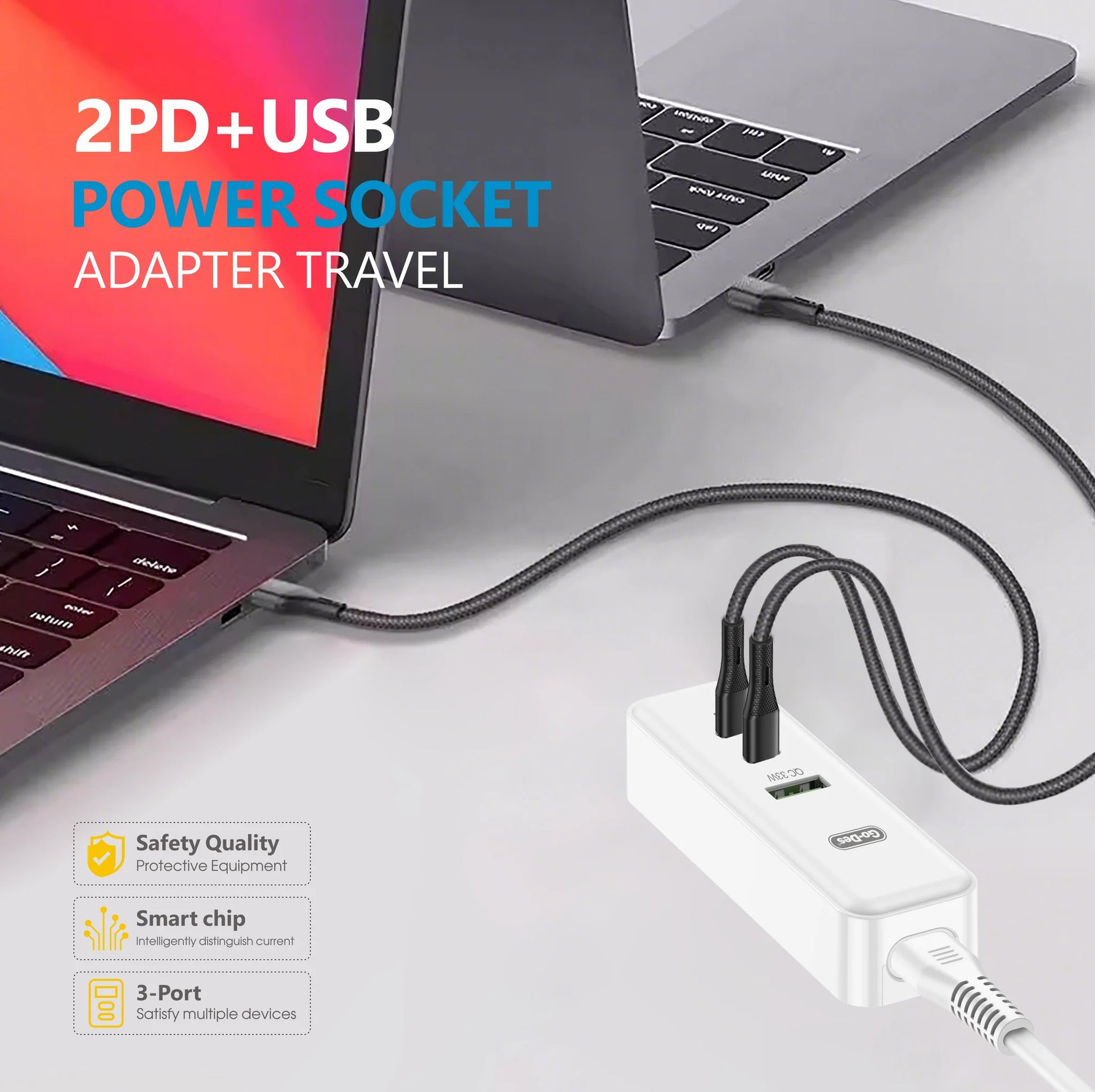 Go-Des 2PD USB Travel Charger Adapter 3 Port Fast Charging Socket 33W PD QC Portable Power Plug-2