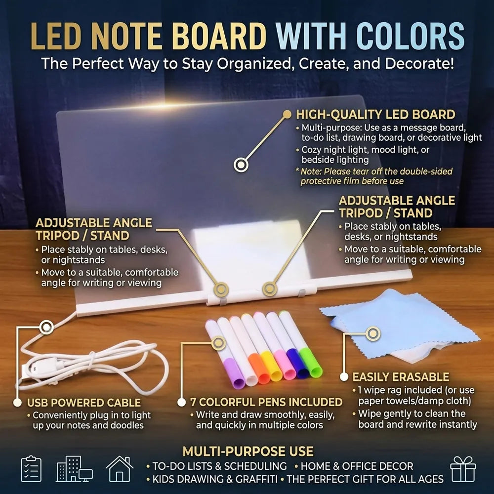 LED Note Board functions as an elegant dual-purpose workspace message center and a comforting ambient night light. Crafted from premium, eco-friendly acrylic material designed to resist yellowing over time, this sleek desktop companion lets your notes, daily schedules, or custom doodles glow with stunning clarity.