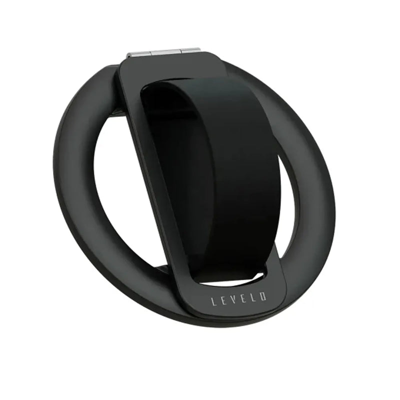 A matte black Levelu ring stand with a built-in holder for a fitness watch, shown on a solid white background.