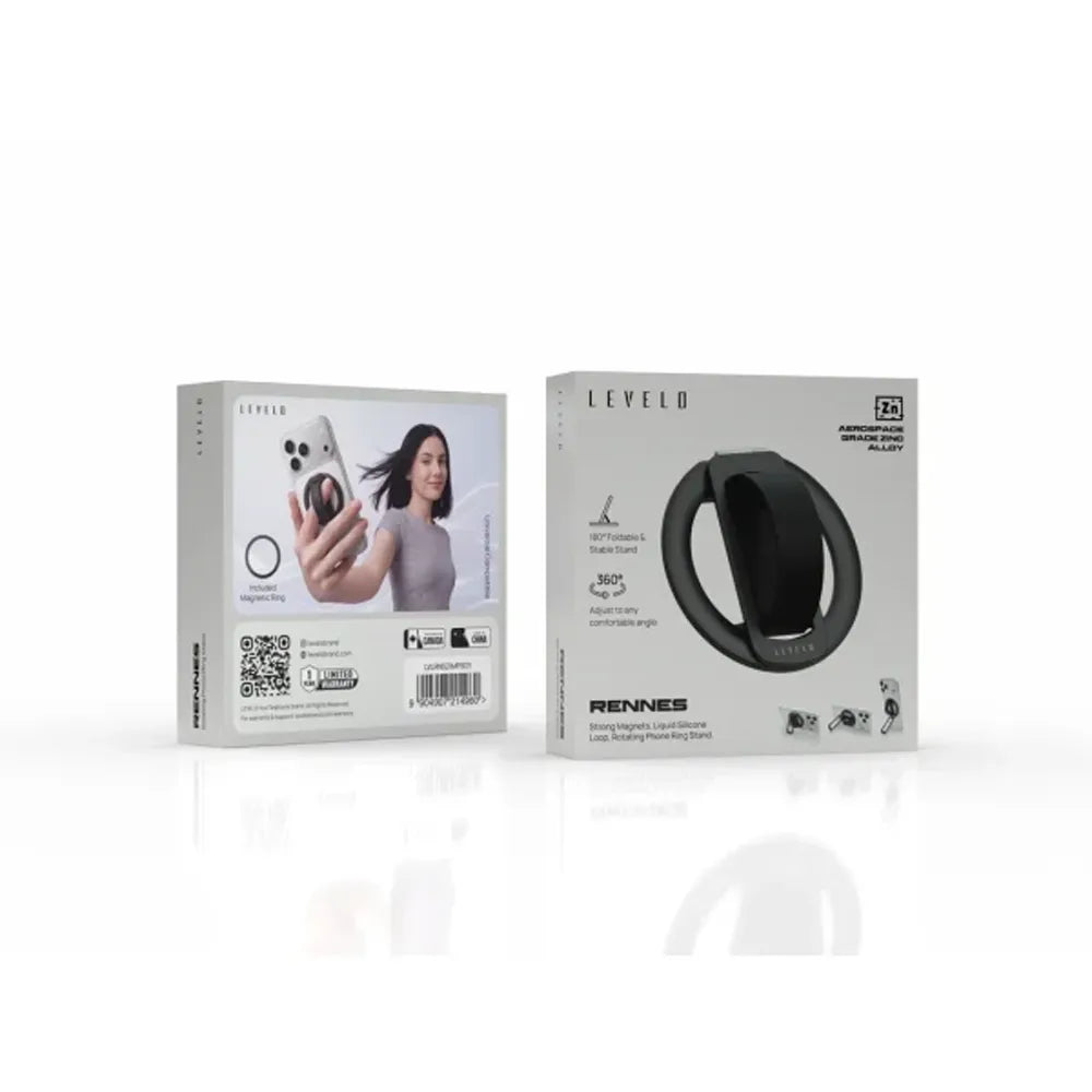 Two Levelo Rennies product boxes shown on a clean white background, one displaying the back with a model photo and QR code, and the other showing the front with a black circular magnetic ring product image and feature icons.