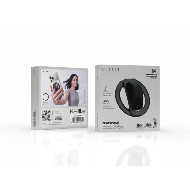 Two Levelo Rennies product boxes shown on a clean white background, one displaying the back with a model photo and QR code, and the other showing the front with a black circular magnetic ring product image and feature icons.