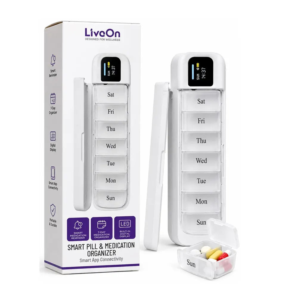 LivoOn smart pill and medication organizer shown with its retail box, the open weekly-compartment device, the closed view, and a small sample of colorful capsules on a white background.