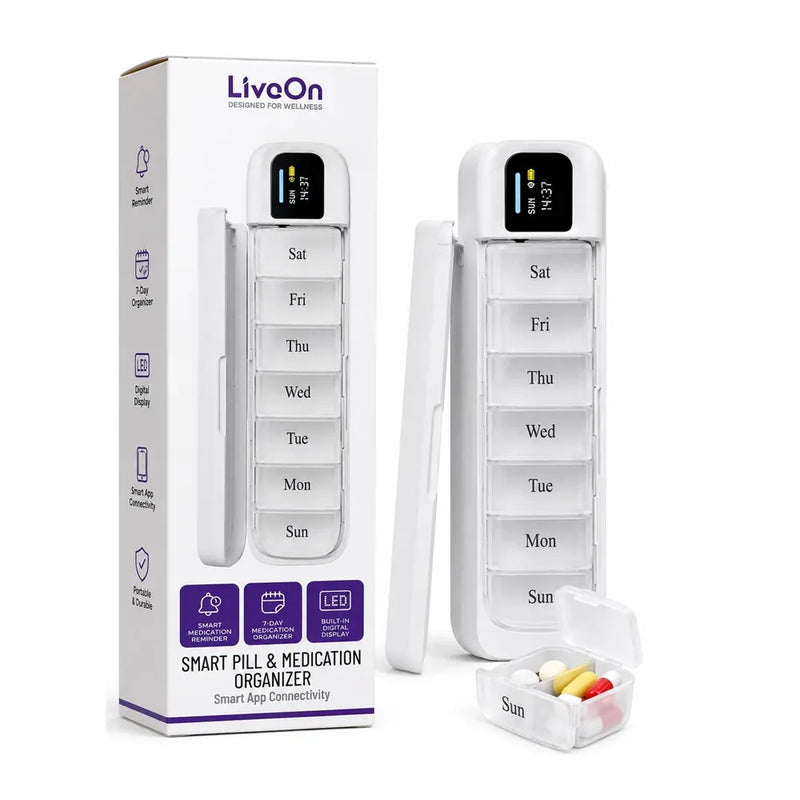 LivoOn smart pill and medication organizer shown with its retail box, the open weekly-compartment device, the closed view, and a small sample of colorful capsules on a white background.