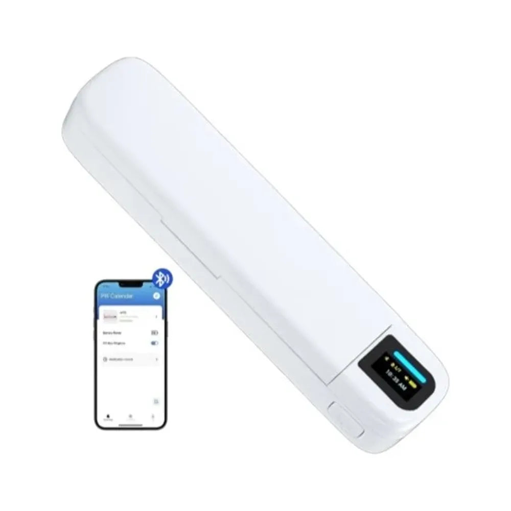 A white rectangular electronic device with rounded corners, shown diagonally on a white background. It has a small black display panel on one end showing battery status and a Bluetooth symbol near a smartphone app preview.