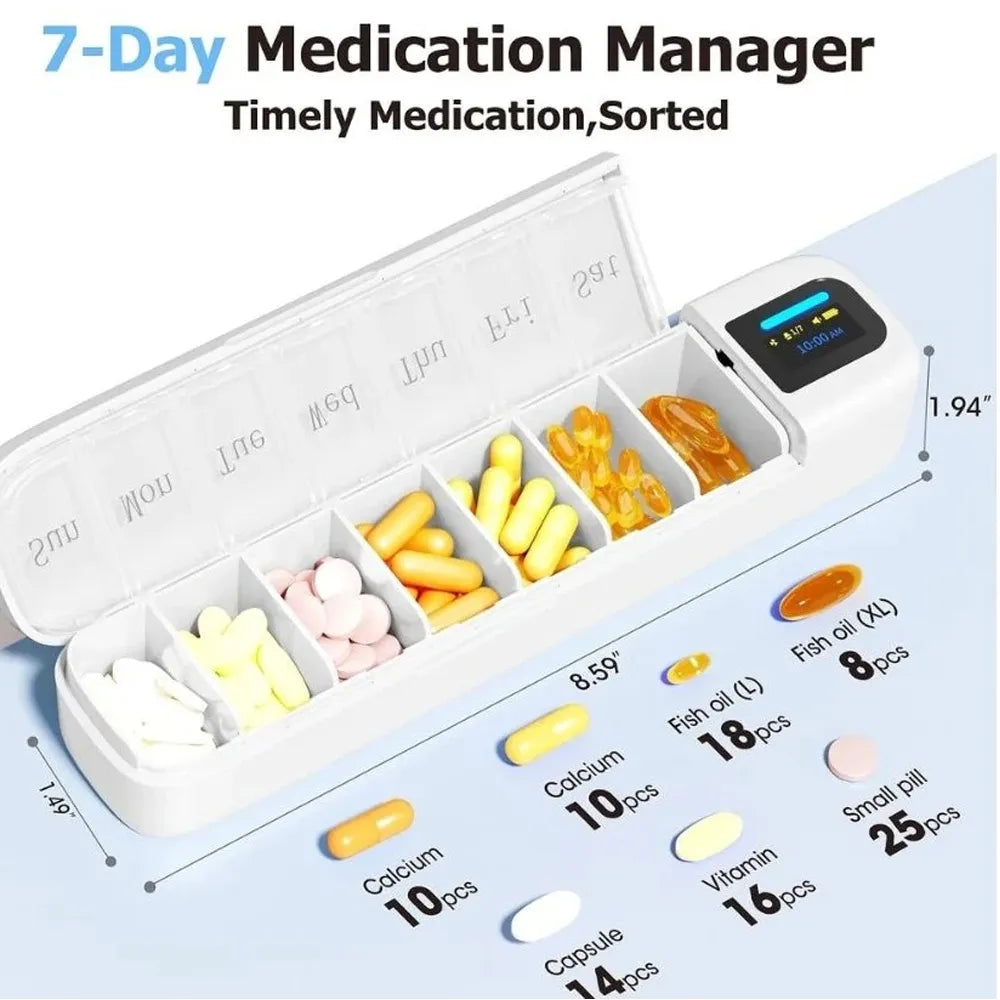 A white 7-day medication organizer tray with multiple compartments filled with assorted pills and capsules, shown open on a light blue background. The image includes text labels for each pill type and size, along with dimensions of the organizer.