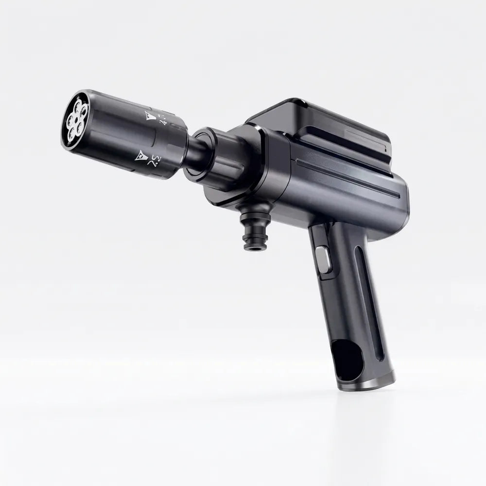 A black tactical-style handheld device with a cylindrical attachment, shown on a clean light gray studio background.