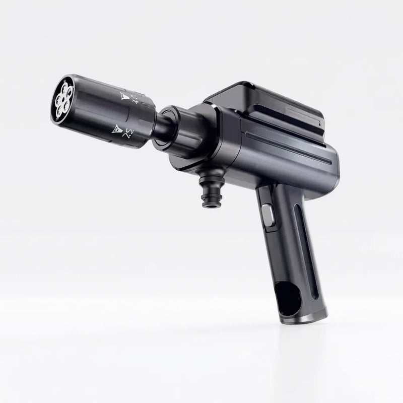 A black tactical-style handheld device with a cylindrical attachment, shown on a clean light gray studio background.