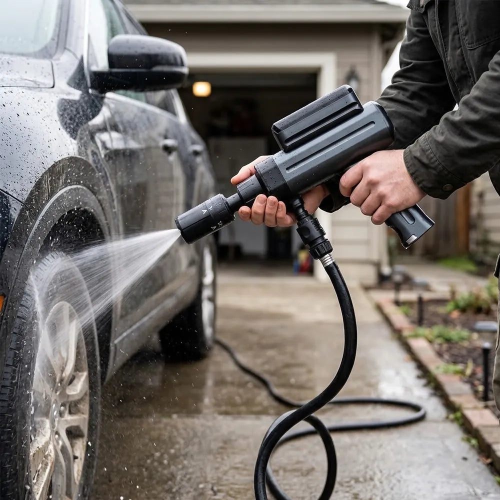 A person uses a black handheld pressure washer to rinse a dark gray car in a residential driveway. The water spray is visible in the air, and the background shows a garage and house exterior.