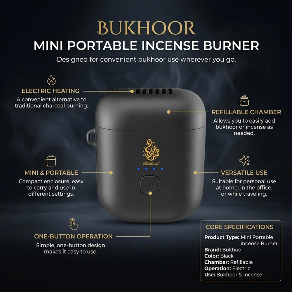 Bukhoon Mini Portable Pocket Size Electric Incense Bukhoor Burner Refillable Black garey qatar 1