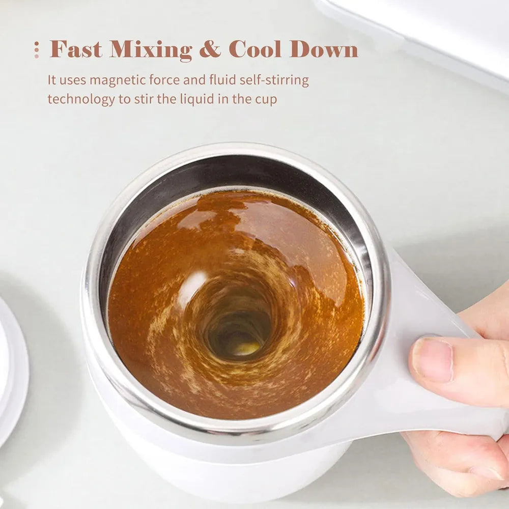 Stirring cup with liquid being mixed, text about magnetic force and fluid self-stirring technology.
