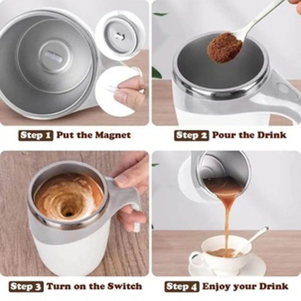 Step-by-step process of using a coffee maker with text labels on a wooden surface.