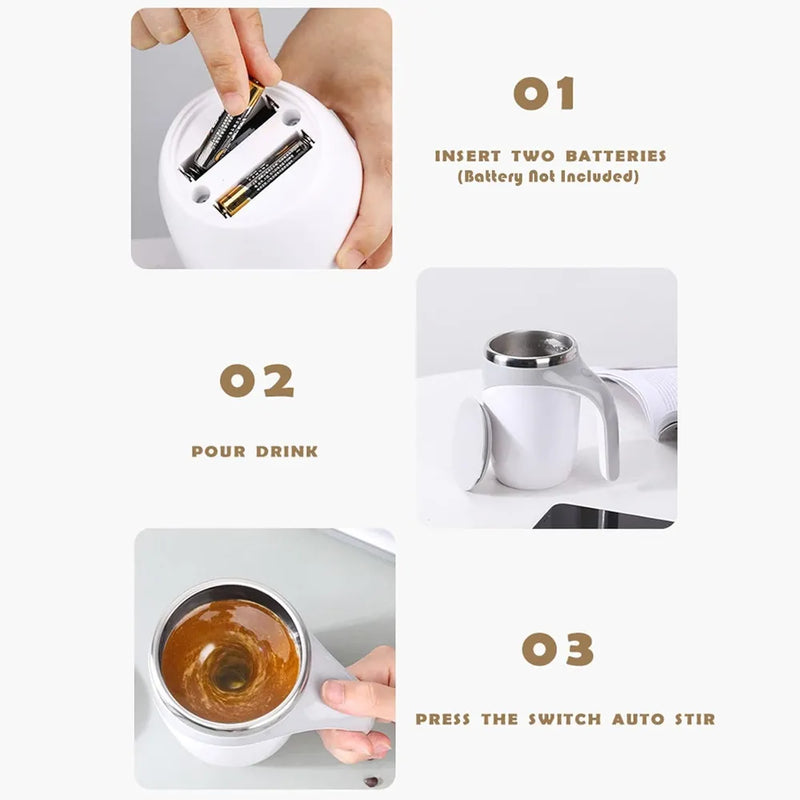 Instructions for using a white electric drink mixer with text on how to insert batteries, pour a drink, and press the switch.