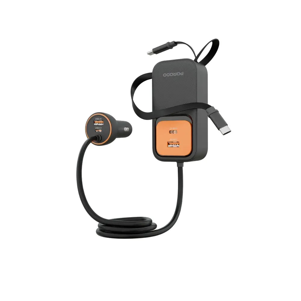 Porodo ENZO MULTI-PORT CAR CHARGER Dual 70cm Retractable Cables - Black