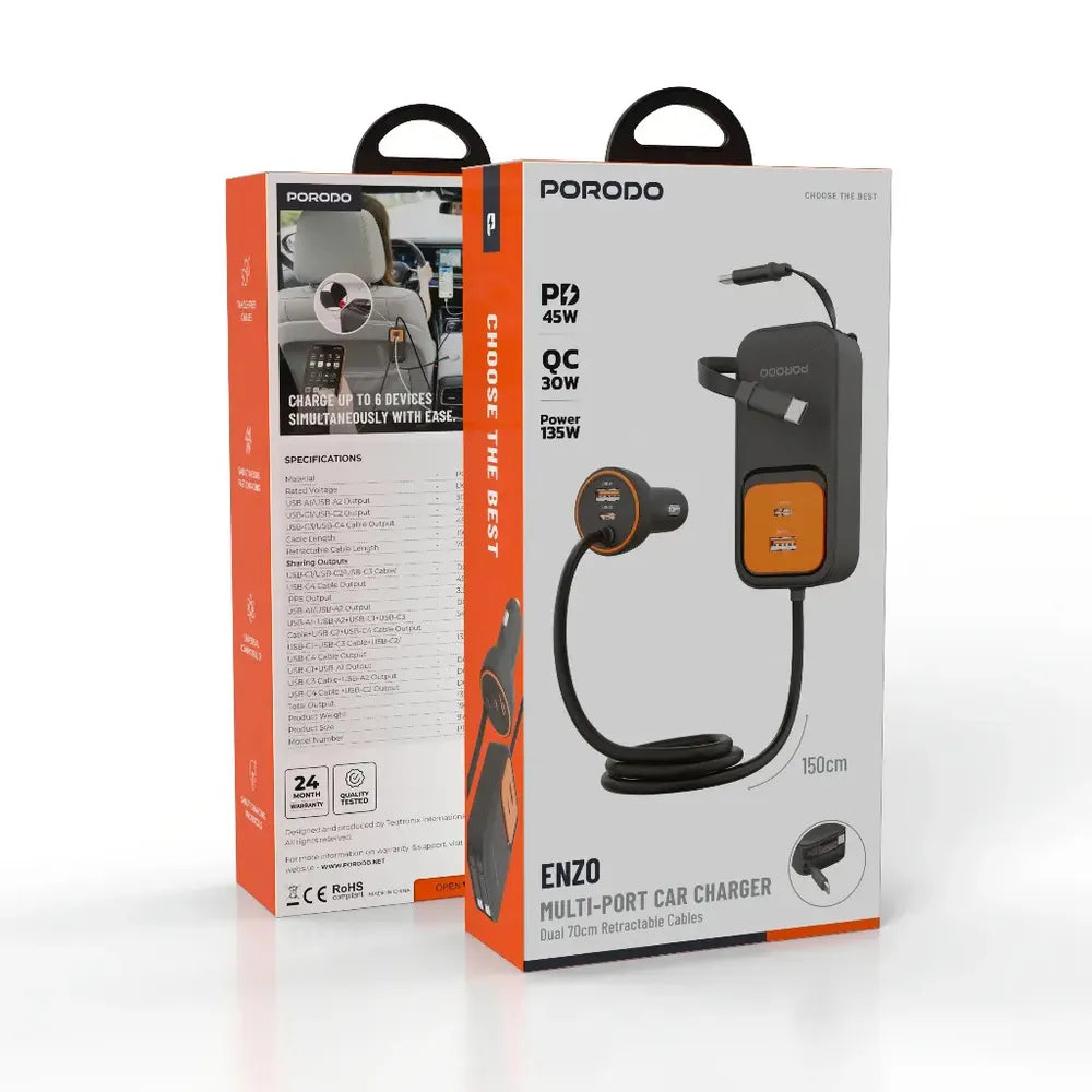 Porodo ENZO MULTI-PORT CAR CHARGER Dual 70cm Retractable Cables - Black