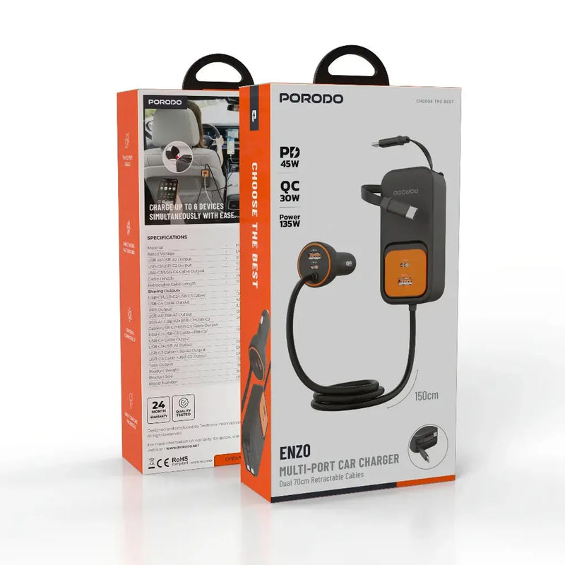 Porodo ENZO MULTI-PORT CAR CHARGER Dual 70cm Retractable Cables - Black-4