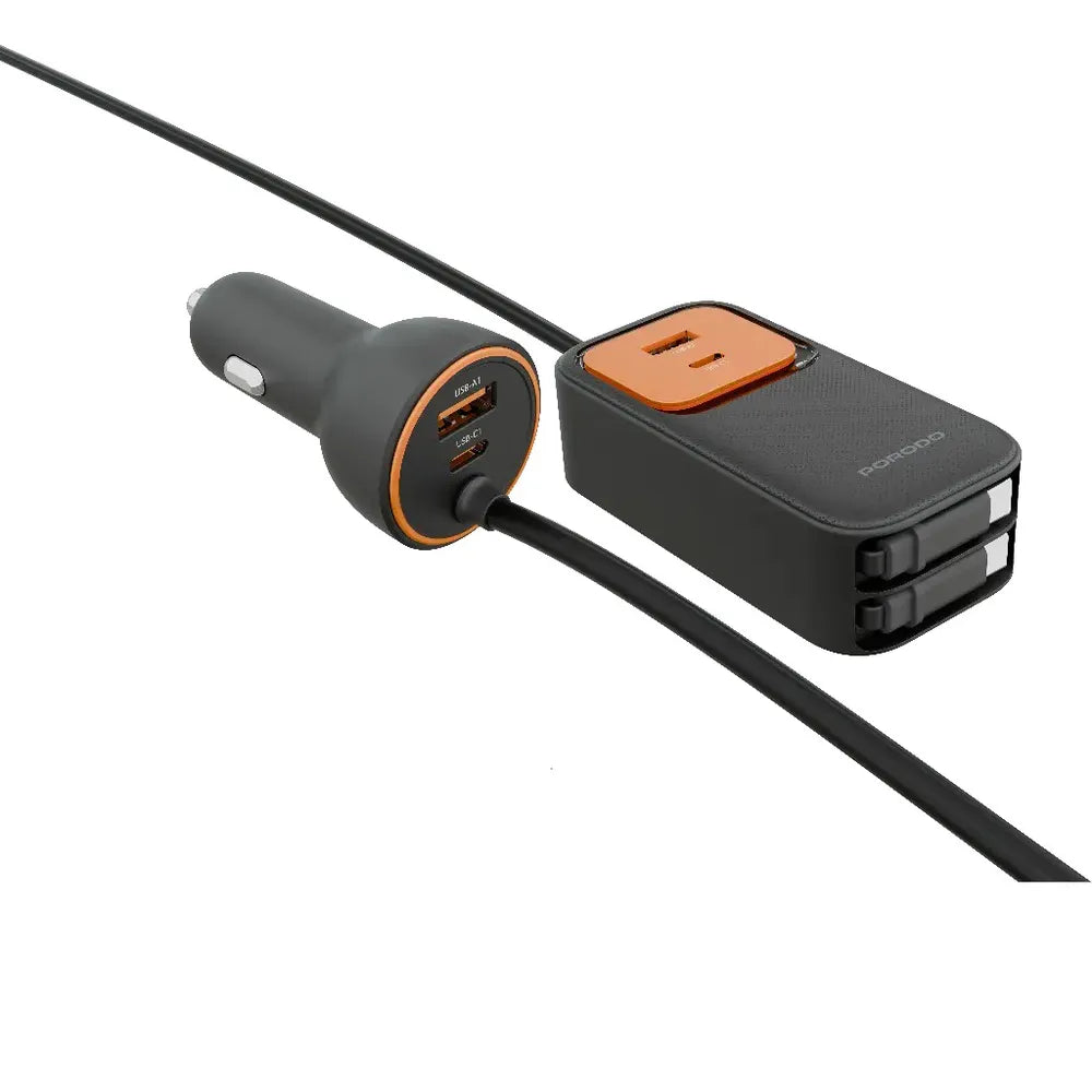 Porodo ENZO MULTI-PORT CAR CHARGER Dual 70cm Retractable Cables - Black