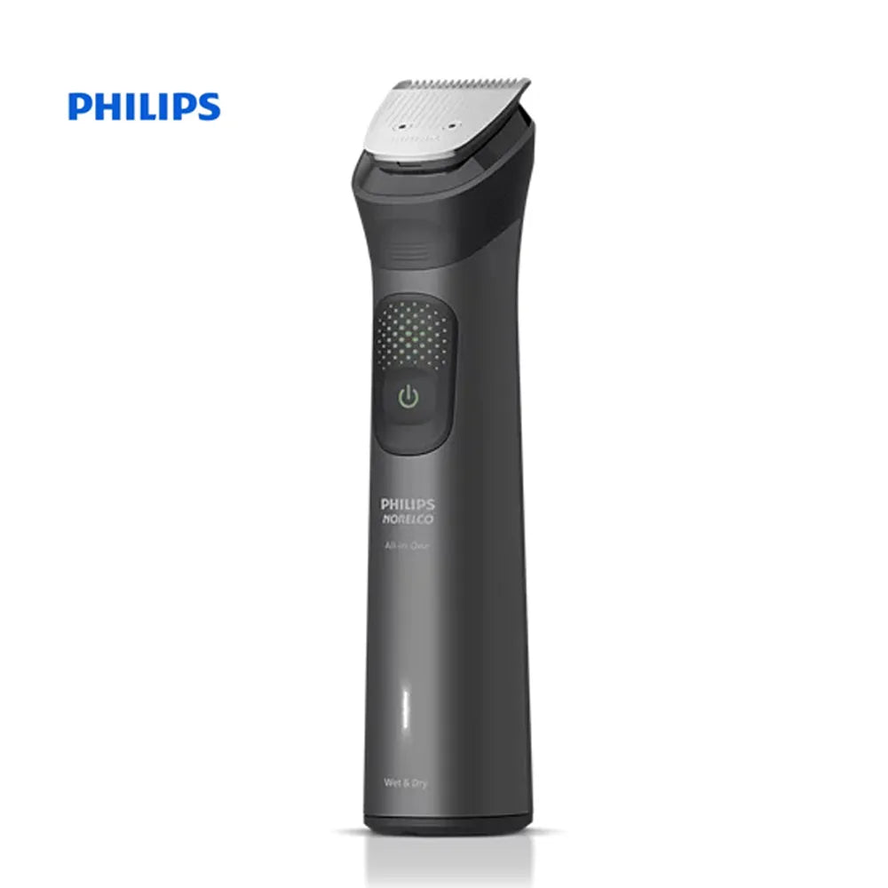 Philips cordless hair trimmer in dark gray and black with a silver metal blade, shown on a white background with the Philips logo in the top left corner.
