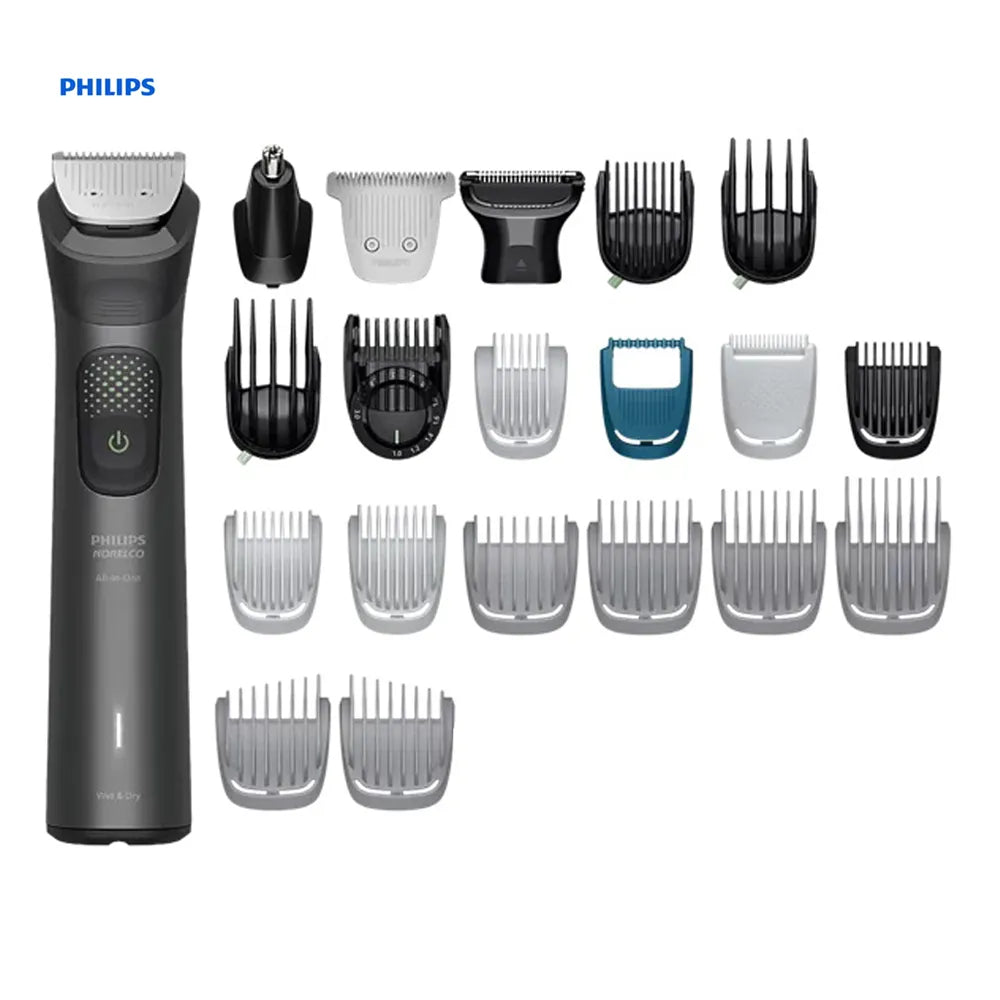 Philips cordless hair clipper shown with multiple interchangeable guide combs and accessories on a clean white background. The main clipper is dark gray/black, with additional combs in black, silver, and blue-gray arranged to the right.