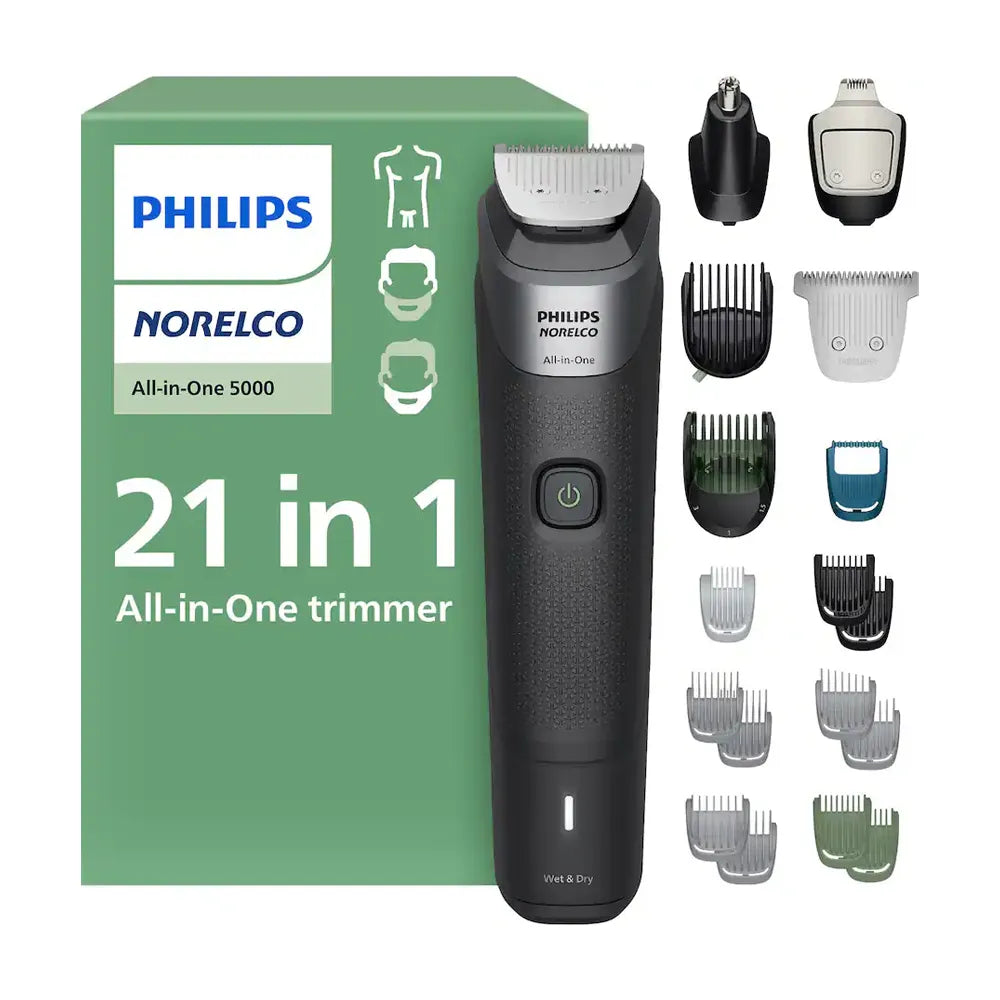 Philips Norelco All-in-One trimmer 5000 shown with its green retail box and multiple attachment heads and guide combs on a white background.